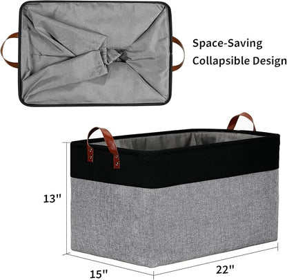 DULLEMELO Extra Large Canvas Fabric Storage Basket, 70L Foldable Closet Storage Bin with Handles, 22" Large Blanket Basket Living Room for Storage Toys, Pillows, Clothes, Books (Black&Grey)