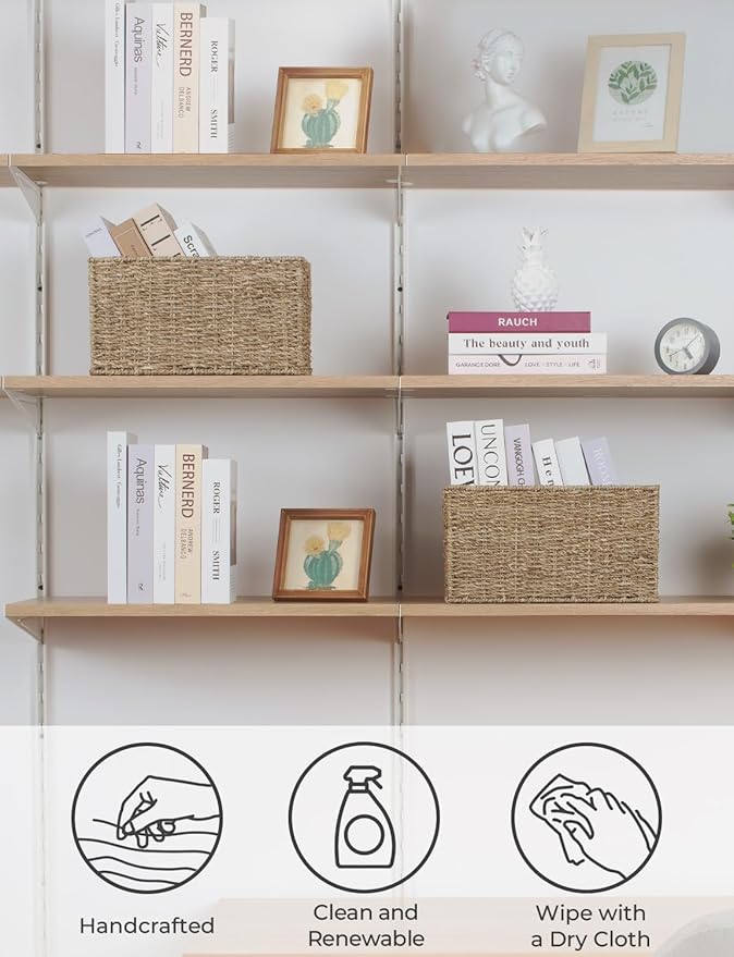 StorageWorks Wicker Storage Basket for Organizing, Medium Seagrass Storage Baskets with Built-in Handles for Pantry, Shelves,2-Pack