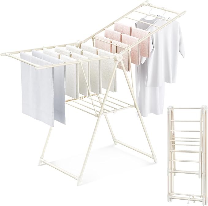 GameGem Clothes Drying Rack, Drying Rack Clothing, Foldable Laundry Drying Rack with 3 Heights-Adjustable, Sturdy Carbon Steel & Anti Slip Feet, Indoor Outdoor Use, Cream White