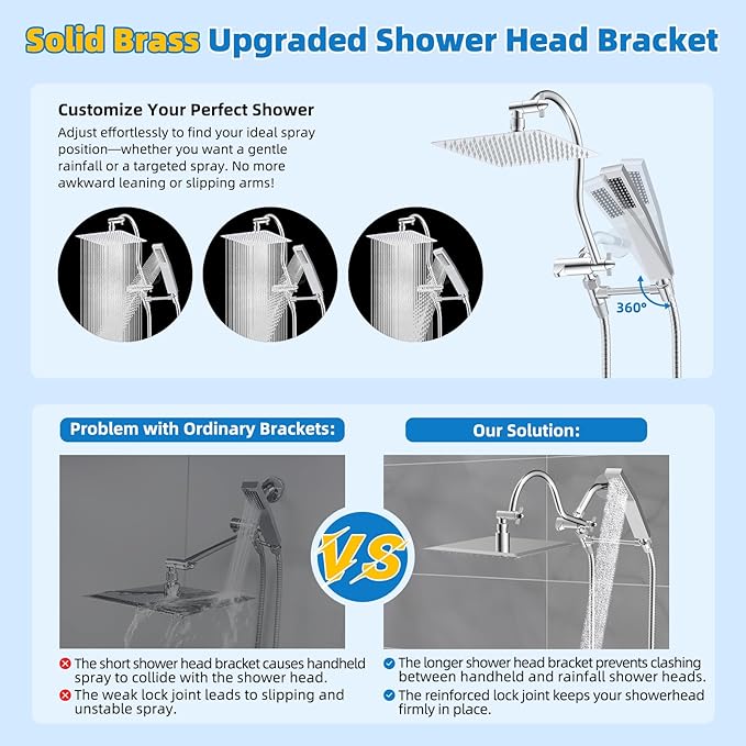 Hibbent All Metal Shower Head, 10'' High Pressure Rainfall Shower Head, Showerhead Combo, Handheld Shower Wand, 12'' Adjustable Curved Shower Extension Arm, 71'' Hose, Shower Head Holder, Chrome