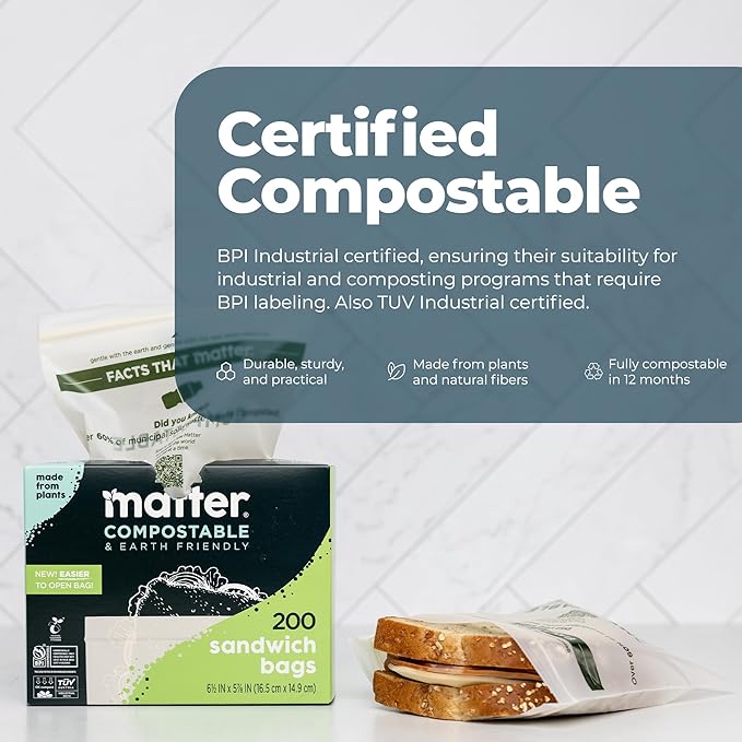 Matter Compostable Sandwich Bags for Food Storage, Eco-Friendly, Resealable, 200 Count