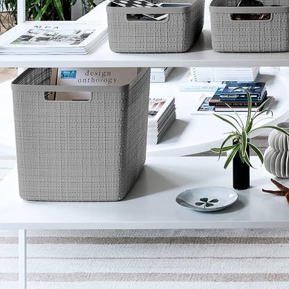 Curver Set of 4 Jute Large Cube Decorative Plastic Organization and Storage Baskets, Perfect Bins for Home Office, Closet Shelves, Kitchen Pantry and All Bedroom Essentials, Grey