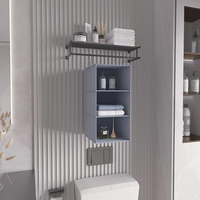 Hanging Closet Organizer and Storage 3-Shelf, Easy Mount Foldable Hanging Closet Wardrobe Storage Shelves, Clothes Handbag Shoes Accessories Storage, Washable Oxford Cloth Fabric, Gray