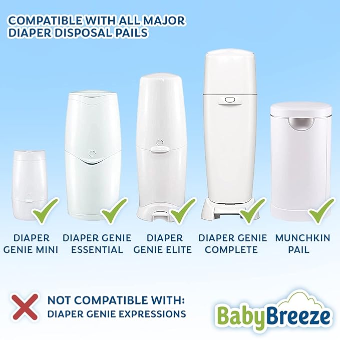 BabyBreeze Diaper Pail Refill Bags Compatible with Playtex Diaper Genie Pails Odor Absorbing Diaper Disposal Trash Bags - 1400 Count (5-Pack)