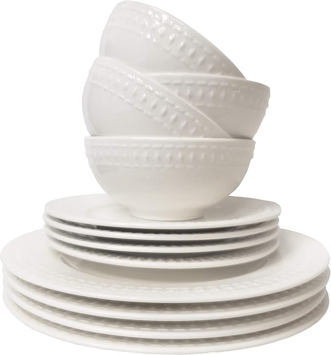 Tabletops Gallery Embossed White Porcelain Round Dinnerware