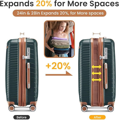 Campfun Luggage Sets 4 Piece, Expandable Carry On Luggage Set Hardshell PP, Suitcase Set with Double Spinner Wheels, Checked Durable Lightweight with TSA Lock, 14/20/24/28in, Dark Green Brown(B)