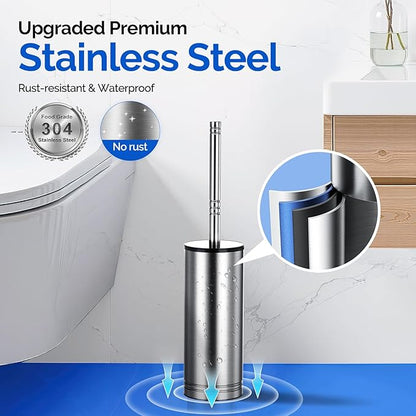 Hamitor Toilet Brush and Holder Set: 304 Stainless Steel Rustproof Toilet Scrubber with Under Rim Deep Cleaning Curved Bristle - Bathroom Cleaner Brush for Renters Homeowners Family Silver 2 Pack