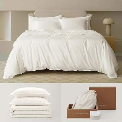 Double Stitch Cotton Tencel Duvet Cover - King Size Comforter Cover, Luxury & Soft Eucalyptus Lyocell Bedding Set for Hot Sleepers, Cooling, Smooth & Breathable, Button Closure, Cream, 106"x90"