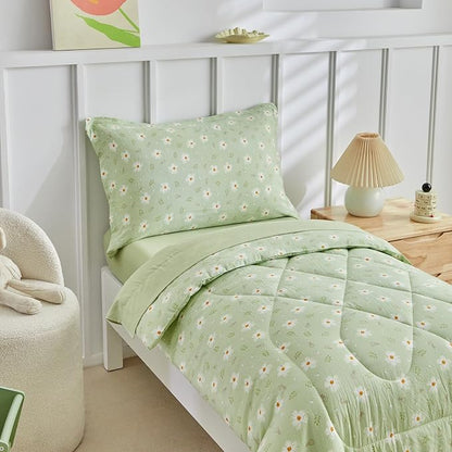 DuShow Green Floral Toddler Bedding Set,4 Pieces Toddler Crib Bed Sheet Set for Girls and Boys,Soft Toddler Comforter Set Includes Comforter,Flat Sheet,Fitted Sheet,Pillowcase