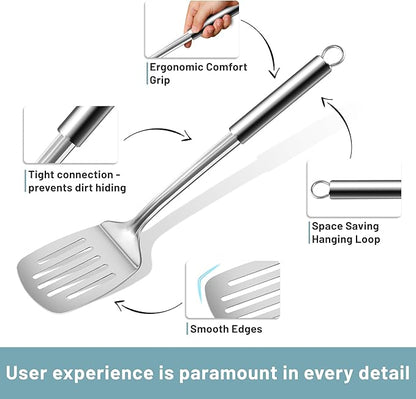 Pleafind Stainless Steel Cooking Utensils Set, 6 Pcs Heat Resistant Kitchen Utensils Set, Nonstick Kitchen Tools for Cooking, Baking, Metal Spatula Set for Chef, Dishwasher Safe