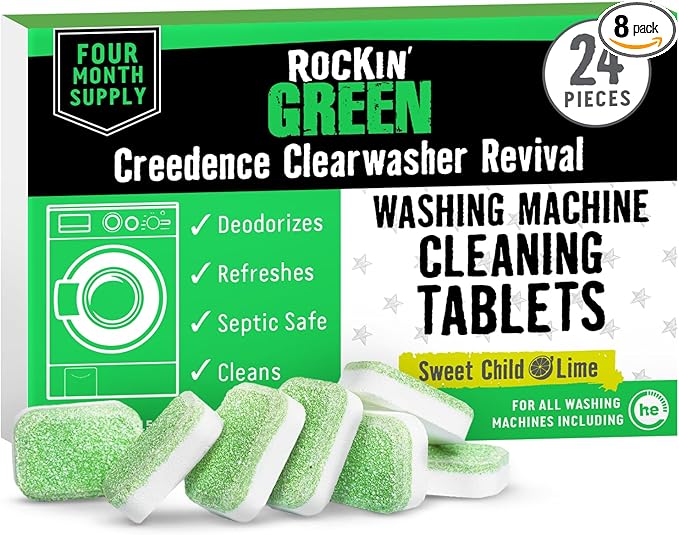 Rockin' Green Deep Cleaning and Deodorizing Tablets for Dishwashers, Washing Machines, and Garbage Disposals, Removes Odor and Residue (Washing Machine Cleaning Tablets, 24 Pack)