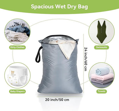 OTraki 2PCS Large Wet Bag 20x24 inch Waterproof Bag for Swimsuit Reusable Wet Dry Bag With Portable Handle & Zipper Wet Clothes Storage Gym Bag for Travel Gym Beach Pool Black & Grey
