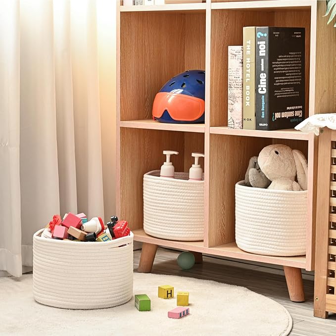 Small Storage Baskets for Organizing, Organizer Baskets for Shelves, Woven Basket for Storage, Cute Basket for Gifts Empty, Cotton Rope Baskets, 9.7"×9.7"×7" (3 Packs) Off White