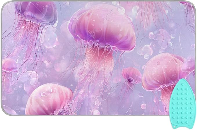 Pink Cute Jellyfishes and Bubbles Ironing Mat for Table top Portable Ironing Pad Blanket for Washer Dryer Countertop Travel
