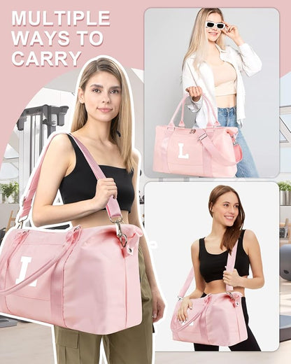 Initial Travel Duffel Bag Sports Gym Bag for Girls Teen Birthday Gifts,Pink Personalized Weekender Bag Carry On Tote Bags for Women Men,Waterproof Overnight Luggage Bag with Trolley Sleeve(Letter L)