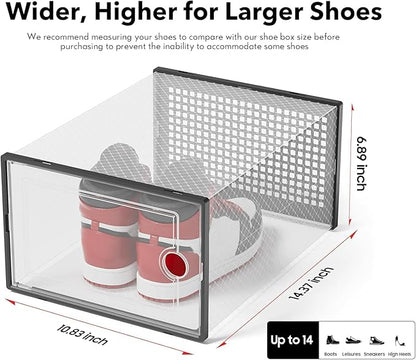 Kuject XX-Large Shoe Storage Boxes Organizers Clear Plastic Stackable 12 Pack, Shoe Rack & Holder Substitute, Sneaker Containers, Toy Storage Organizer Bins for Entryway, Closet, Under Bed, Black