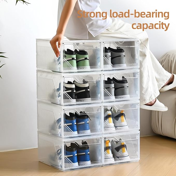 Modular XX-Large Shoe Organizer,6 Pack Shoe Storage Organizer Easy to Assemble,Shoe Box Clear Plastic Stackable,Drop Front Shoe Box with magnetic Door, Containers For Sneaker,Fit up to US Size 15
