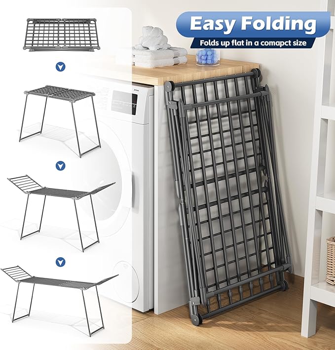 APEXCHASER Clothes Drying Rack Foldable, Large Drying Rack Clothing Retractable, Metal Clothes Airer for Bedding Towel Sweater Heavy Duty, Indoor Outdoor Use, 21.9"W x 100"L x 39"H, No Assembly, Grey