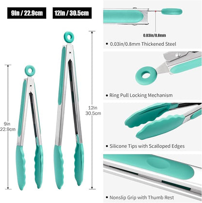 Doosu Kitchen Tongs for Cooking - 600°F Heat Resistant Food Tong Set with Non-Scratch Silicone Tips, Heavy Duty Stainless Steel Locking Tong for BBQ, Grilling Steak, Serving Salad (9+12in, Aqua Sky)