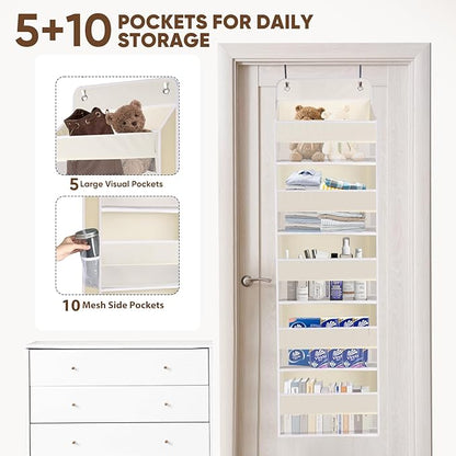 QINGUANG Over The Door Organizer,Hanging Organization and Storage, Behind Door Organizer with Side Pockets, 44 lbs Capacity,Anti Tilt, for Nursery, Bathroom, Bedroom,Dorm 5-Shelf Beige