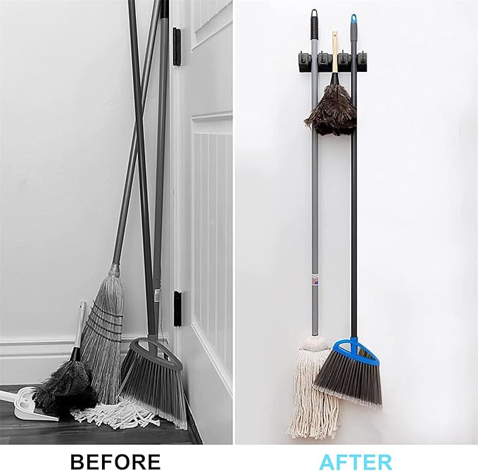 Broom and Mop Holder Wall Mount, Hooks Hanger for Mops and Broom, Organizer Kit with 3 Slots and 4 Hooks, Perfect for House, Bathroom, Laundry, Garden, Tool Room, Garage, Wall Mounted, Black