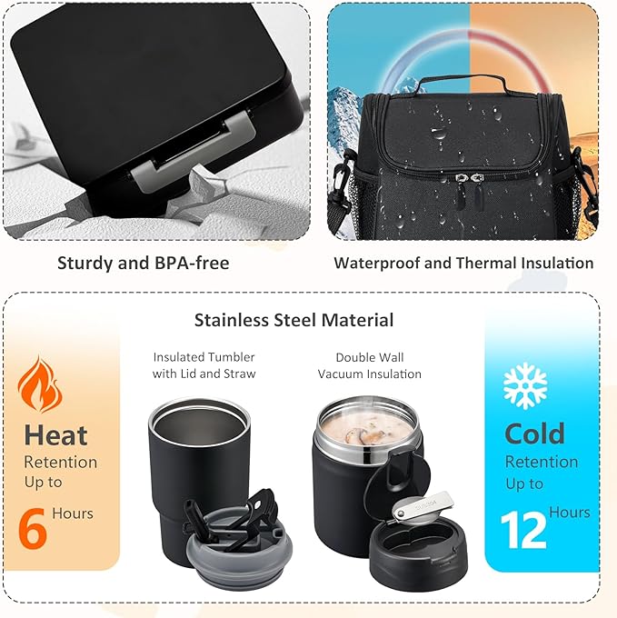 Lunch Box Set with Bento Box Container, 17OZ Stainless Steel Food Soup Thermo, Kids Water Bottle & Portable Insulated Lunch Bag – Leakproof, Hot/Cold Retention for School, Travel (Black)