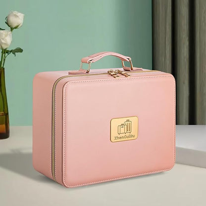 Makeup Bag with LED Mirror & Magnifier, Large Cosmetic Organizer Travel Makeup Case with Adjustable Brightness & 6 Detachable Dividers, Portable Makeup Storage for Women Girls (Pink)