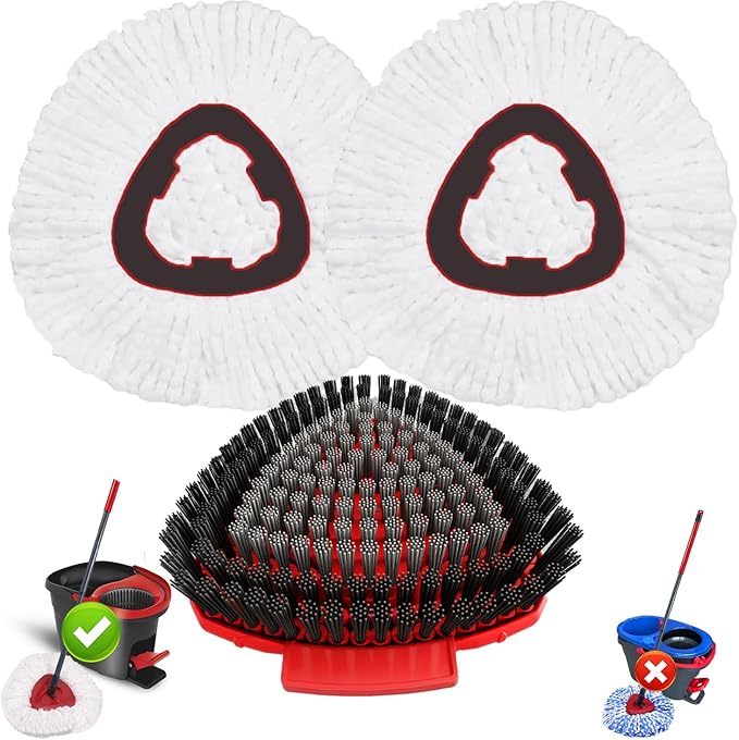Spin Mop Head Replacement for O Cedar EasyWring 1-Tank System, 2 Mop Replace Heads + 1 Upgrade Scrubber Brush, 100% Microfiber Mop Refills Deep Cleaning Machine Washable