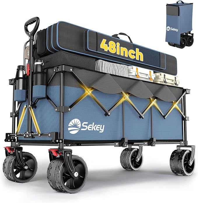 Sekey 48''L Collapsible Foldable Extended Wagon with 440lbs Weight Capacity, Heavy Duty 300L Folding Utility Garden Cart with Big All-Terrain Beach Wheels & Drink Holders. Blue&Grey