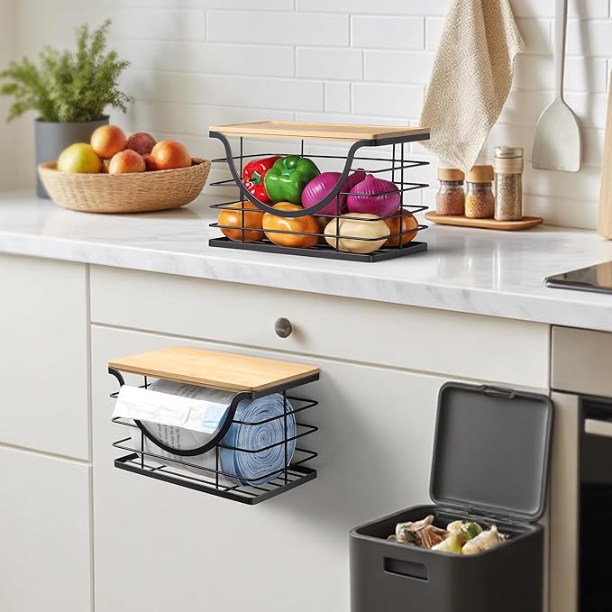 Extra Large Trash Bag Holder Under Sink 2 Pack Stackable Kitchen Storage with Bamboo Lid, Garbage Bag Dispenser Roll Holder, Pantry Organizers Wall Mounted Laundry Room Organization Storage