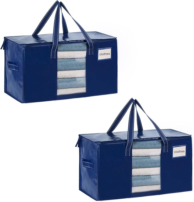 VENO 2 Pack Moving Bags, Comforter and Blanket Storage Bags for Closet, Moving Boxes, Boxes with Lids Alternative, College Dorm Packing Supplies, Foldable Heavy-Duty Tote with Window (Blue, 2 Pack)