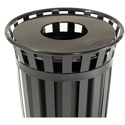 Global Industrial 36 Gallon Outdoor Slatted Steel Round Trash Can with Flat Lid, Plastic Liner & Anchor Kit Included, 28" W x 36" H, Commercial & Industrial Trash Can, Black
