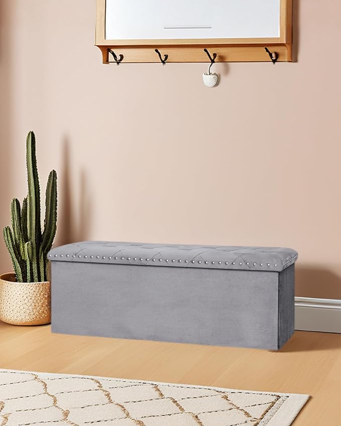 Velvet Storage Ottoman Bench, 43.3" Folding Ottoman with Rivet Trim, Heavy-Duty Upholstered Entryway Bench, Sturdy Footrest and Seat for Bedroom, Living Room, Holds up to 660 LBS, Grey