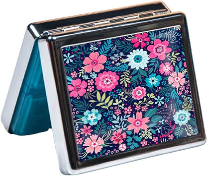 Silver Vintage Pill Box 7 Day Metal Pill Box with Mirror and 8 Compartments Cute Travel Pill Organizer for Purse (Colorful Floral Pattern)