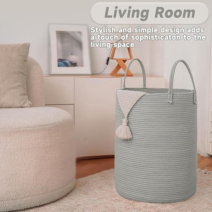 Large Woven Laundry Basket Hamper,60L Cotton Rope Storage Bin for Blankets,Toys and Clothes,Decorative Tall Nursery Hamper for Living Room,Baby Nursery,Bathroom and Bedroom,Grey