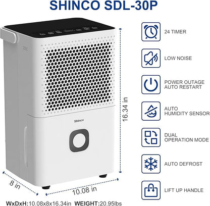 Shinco 30 Pints Dehumidifier for Home and Basements, 1500 Sq.Ft Dehumidifiers with Drain Hose, Auto or Manual Drainage, Auto Defrost, Quietly Remove Moisture, Activated Carbon Filter, 24HR Timer