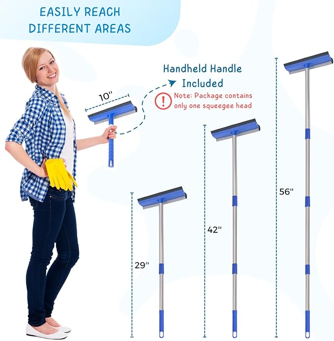 Window Squeegee for Home, 56'' Long Handle Shower Door Cleaner Tool, 2-in-1 Glass Scrubber for Car Windshield Cleaning
