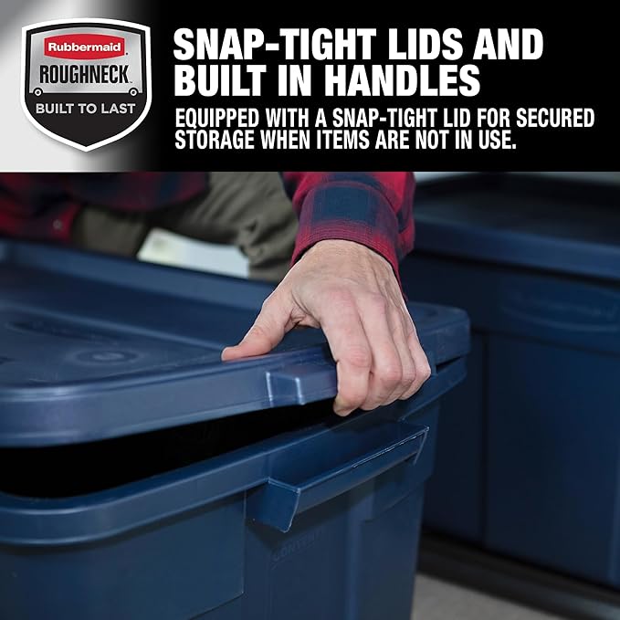 Rubbermaid Roughneck Tote 31 Gal, 3 Pack, Made in USA, Dark Indigo Metallic, Rugged Plastic Stackable Storage Bins with Lids and Handles