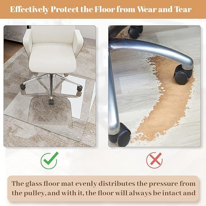 [Tempered Glass] 36" x 55" Glass Chair Mat, Heavy Duty Hard Floor Mat with Round Corner and Polished Edge, Office Chair Mat for Carpet Office Home Hardwood Floor Desk