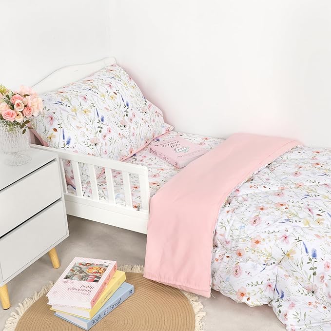 Toddler Bedding Set for Girls, 4 Piece Floral Toddler Comforter Set, Ultra Soft Baby Girl Crib Bed Bedding Includes Quilted Comforter, Flat Sheet, Fitted Sheet, Pillowcases, Pink Flower