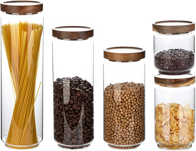 Glass Storage Containers Set, High Borosilicate Glass Jars with Wooden Lids Kitchen Food Canisters s for Coffee Beans/Sugar/Noodles/Nuts/Cookies/Pasta