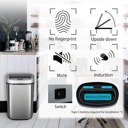 HCB Trash Can Automatic Waste Bin Mute Metal Garbage Can with Lid Stainless Steel 13 Gallon 50 Liter for Kitchen | Office | Bedroom | Bathroom | Living Room, 11” x 16” x 23”