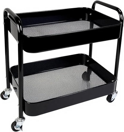 2 Tier Rolling Cart with Wheels for Under Desk Storage & Pantry Storage, Large Capacity Laundry Room & Makeup Organizer, Sturdy Kitchen Utility Cart for Small Space with 4 Hooks, Black