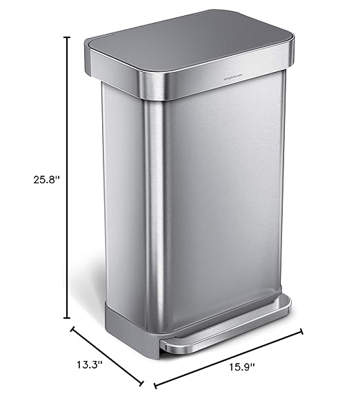 simplehuman 45 Liter / 12 Gallon Liter Rectangular Hands-Free Kitchen Step Trash Can with Soft-Close Lid, Brushed Stainless Steel with Plastic Lid