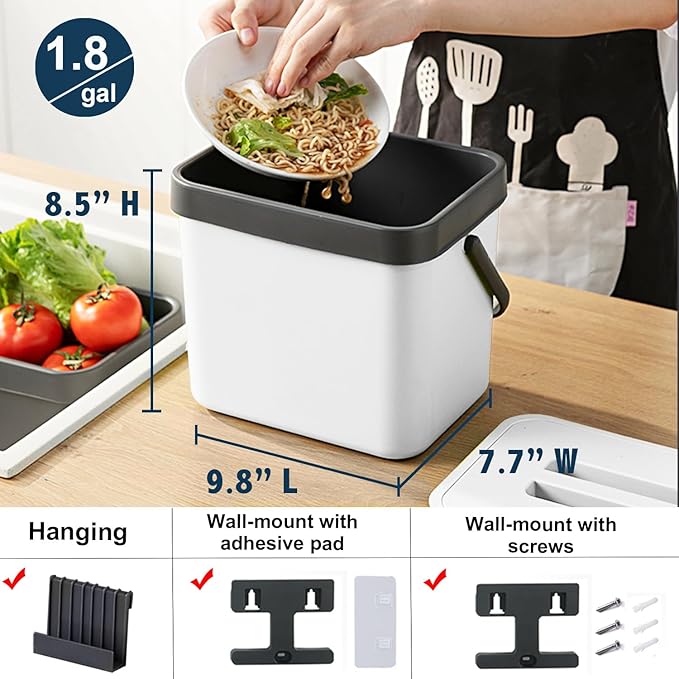 Kitchen Compost Bin Countertop, LALASTAR Hanging Trash Can with Lid for Kitchen Cabinet Door, Wall-Mounted Compost Pail with Colander, 1.8 Gallons, White