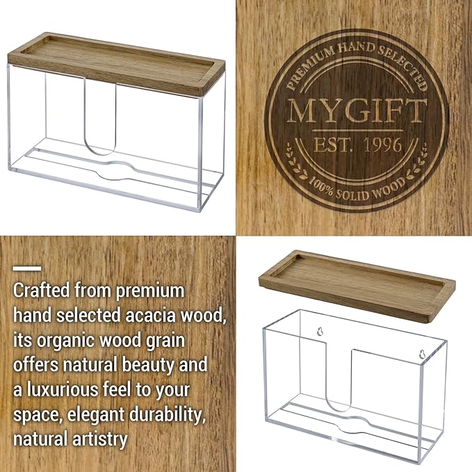 MyGift Deluxe Modern Metal Folded Commercial Paper Towel Holder with Rustic Burnt Solid Wood Tray Lid, Wall Mounted Trifold Multifold Z Fold Disposable Napkin Dispenser (Acrylic & Acacia Wood)