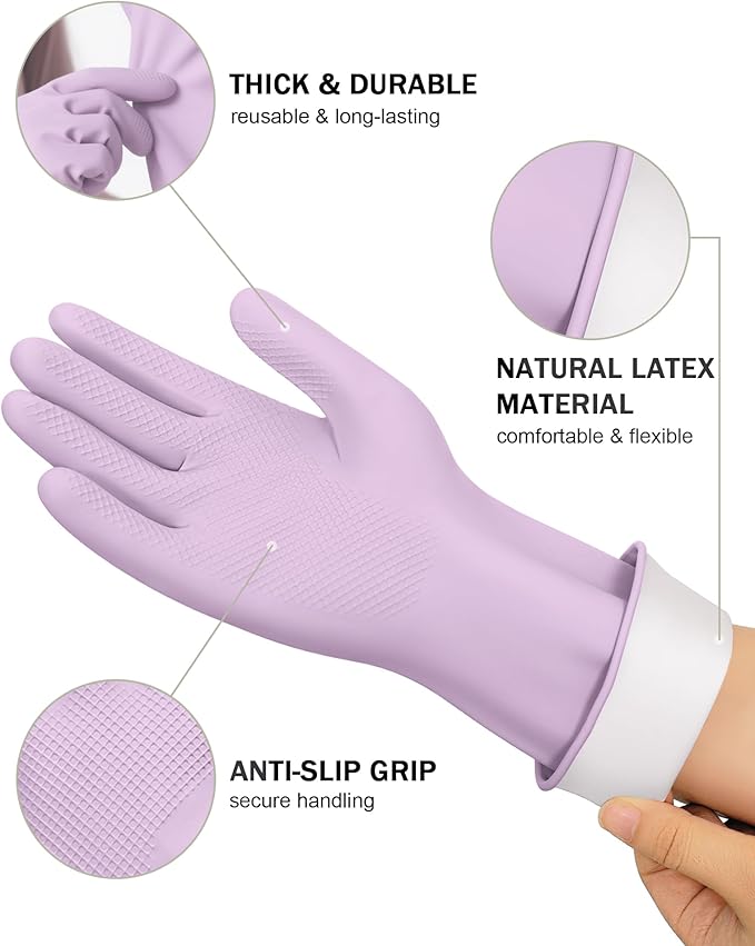 Rubber Cleaning Dishwashing Gloves 4 Pairs Reusable Kitchen Glove for Washing Dishes & Household Bathroom Cleaning Dish Gloves with Flock Lining Anti-Slip Grip Waterproof Thick Long-lasting Colorful L
