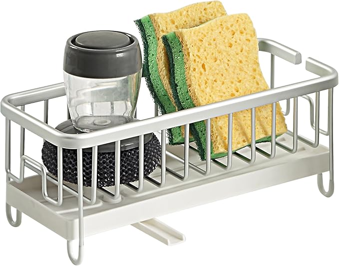 SunnyPoint Never Rust Aluminum Utensil, Sink Cleaning Tools Holder for Kitchen Sink with Drain Board; Dish Wand, Sponge, Soap Dispenser, Utensil Organizer Caddy (SIL)