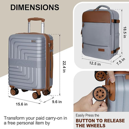 Romswi Luggage Sets 2 Piece 22In, Expandable 22x14x9 Carry On Luggage with Travel Backpack, PC+ABS Hardside Suitcase Set with TSA Lock, Durable Carry On Suitcase with Spinner Wheels Silver