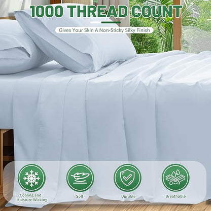 1000 Thread Count Egyptian Cotton Sheets Queen Size Set Sateen Weave Soft Breathable 16-Inch Deep Pocket 4PCS（Queen,Light Blue）